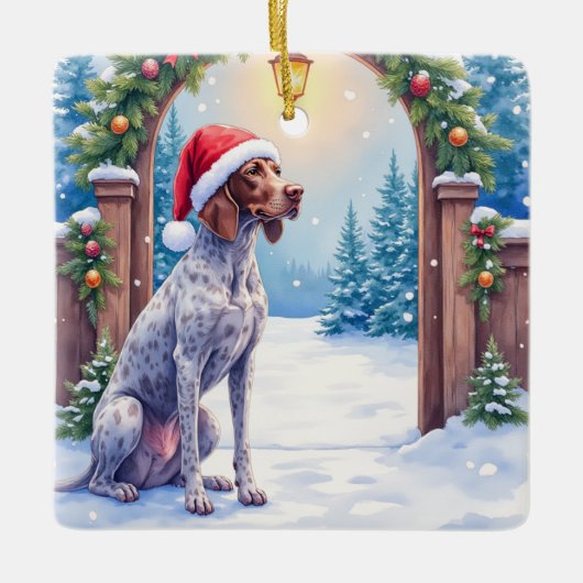 German Shorthaired Pointer Snowy Gate Santa Hat Keramikornament (Vorderseite)
