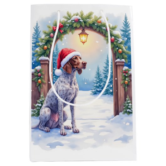 German Shorthaired Pointer Snowy Gate Santa Hat Mittlere Geschenktüte (Vorderseite)