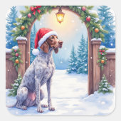 German Shorthaired Pointer Snowy Gate Santa Hat Quadratischer Aufkleber (Vorderseite)