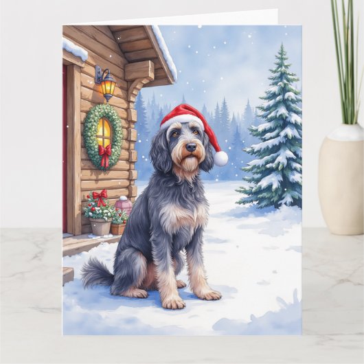 German Wirehaired Pointer Snowy Lodge Santa Hat Karte (Vorderseite)