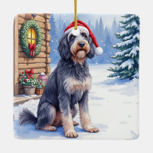 German Wirehaired Pointer Snowy Lodge Santa Hat Keramikornament (Rückseite)