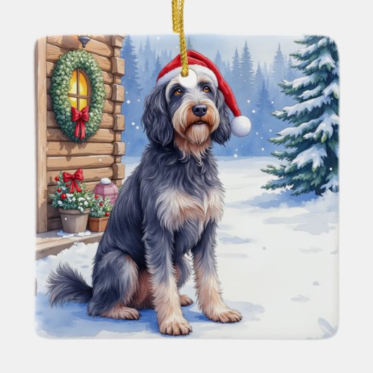 German Wirehaired Pointer Snowy Lodge Santa Hat Keramikornament (Vorderseite)