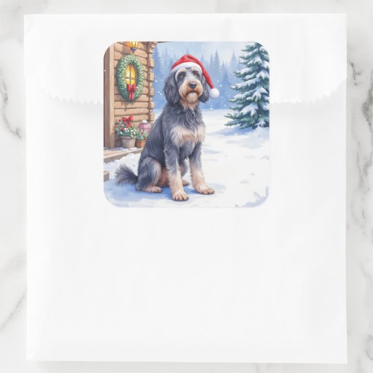 German Wirehaired Pointer Snowy Lodge Santa Hat Quadratischer Aufkleber (Tasche)