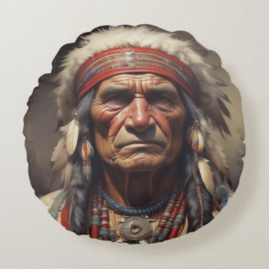Geronimo Indischer Chefkrieger Portrait Rundes Kissen (Vorderseite)