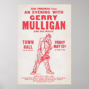 Gerry Mulligan Jazzplakat - Town Hall - 1959 (rot Poster