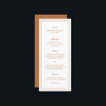 Gertrude Burnt Orange Classic Elegant Wedding Menükarte<br><div class="desc">Klassisches Erdfarbenmenü in Terrakotta / Rost / Orange mit einfachem und minimalem Design mit Monogramm, Namen und Hochzeitsdatum oben zusammen mit Ihrem Menü, umgeben von einer doppelten Grenze. Die Schriftart wechseln sich zwischen einem eleganten Drehbuch, einer klassischen Serife und minimalistischen serifenlosen Schriftart ab. Dieses Menü ist ideal für eine feierliche...</div>