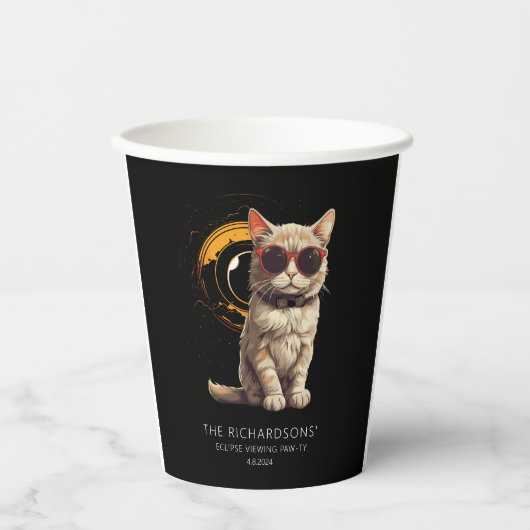 Gesamte Solar-Eclipse April 2024 Fun Cat in Brille Pappbecher (Vorderseite)