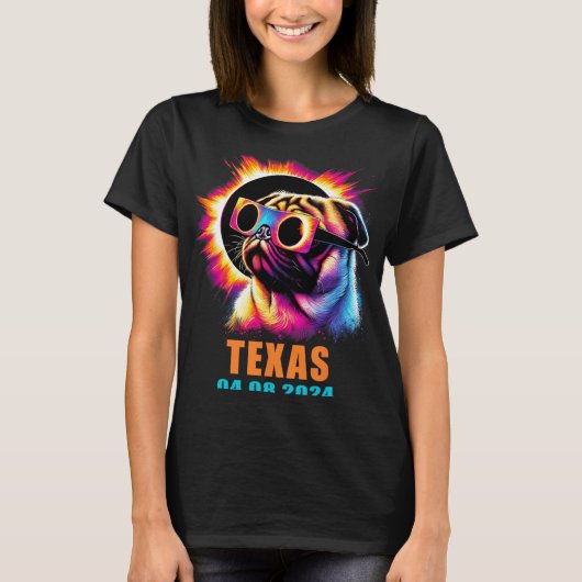 Gesamter Solar-Eclipse 2024 Mops Hund mit Gles T-Shirt (Vorderseite)