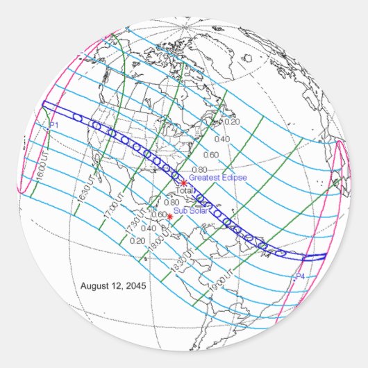 Gesamter Solar-Eclipse 2045 Globaler Pfad Runder Aufkleber (Vorderseite)