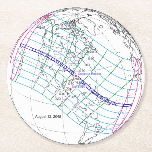 Gesamter Solar-Eclipse 2045 Globaler Pfad Runder Pappuntersetzer (Vorderseite)
