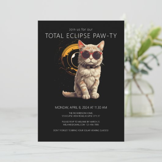 Gesamtes Solar Eclipse 2024 Fun Cat Viewing Party Einladung (Stehend Vorderseite)