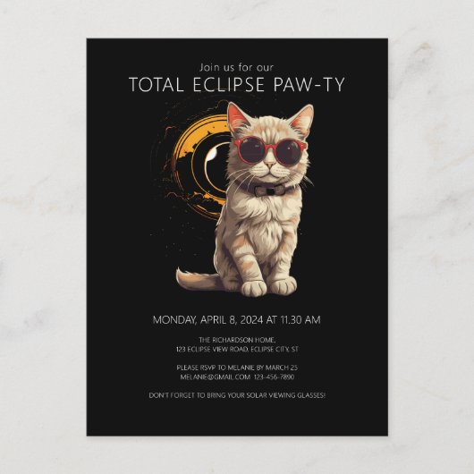 Gesamtes Solar Eclipse 2024 Fun Cat Viewing Party Einladungspostkarte (Vorderseite)
