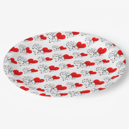 Gesang Herz Muster. Rote Herzen, schwarze Noten Pa Pappteller