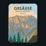 Gesause National Park Austria Vintage Magnet<br><div class="desc">Gesause vector artwork design. Located in the mountainous Upper Styrian region,  it covers large parts of the Gesäuse range within the Ennstal Alps and the steep water gap of the Enns river between Admont and Hieflau.</div>
