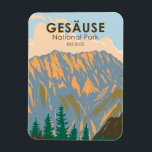 Gesause National Park Austria Vintage Magnet<br><div class="desc">Gesause vector artwork design. Located in the mountainous Upper Styrian region,  it covers large parts of the Gesäuse range within the Ennstal Alps and the steep water gap of the Enns river between Admont and Hieflau.</div>