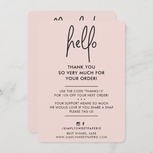 GESCHÄFT DANK IHNEN modernen hallo blush rosa schw Dankeskarte (Vorne/Hinten)