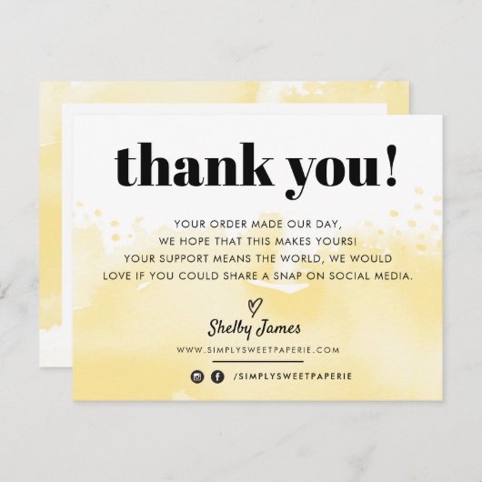 GESCHÄFT DANK modernes, gelbes LOGO in Aquarell Dankeskarte (Vorne/Hinten)