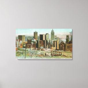 Geschäfts-Abschnitt in den Ruinen nach Feuer Leinwanddruck