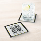 Geschäfts-QR-Code mit oberem und unterem Text, Sch Glasuntersetzer (Schrägansicht)