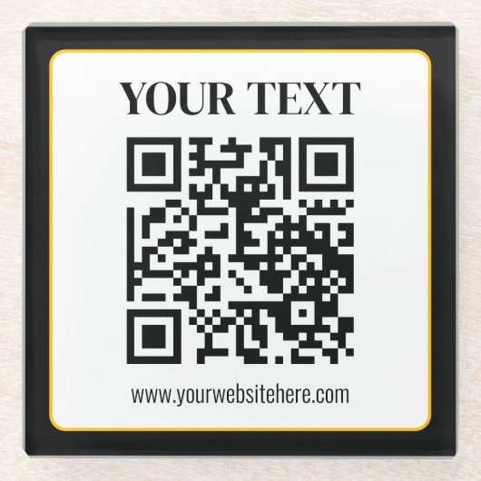 Geschäfts-QR-Code mit oberem und unterem Text, Sch Glasuntersetzer (Vorderseite)