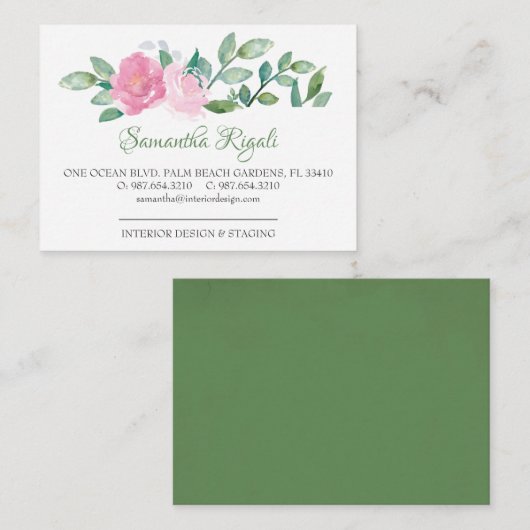 Geschäftskarten mit rosa und grünen Blumen Begleitkarte (Vorne/Hinten)
