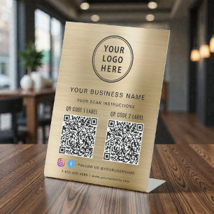 Geschäftslogo 2 QR-Codes Social Media Gold Sockelschild