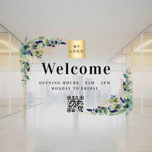 Geschäftslogo Eucalyptus Begrüßung QR-Code Fensteraufkleber