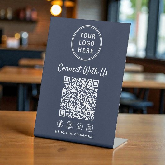 Geschäftslogo QR-Code Blau Tischplatte Sockelschild