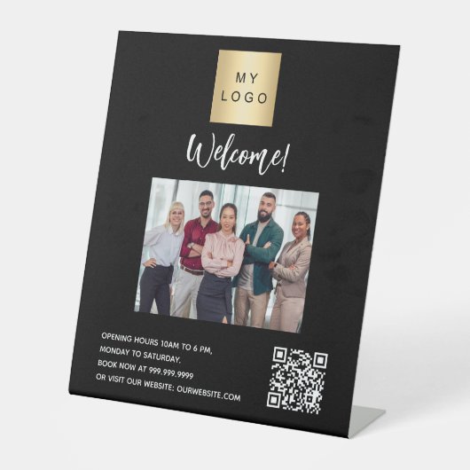 Geschäftslogo Schwarzes Foto - QR-Code Sockelschild (Vorderseite)