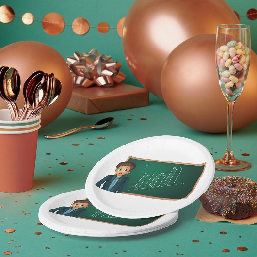 Geschäftsmann, der Teller von Papier vorstellt