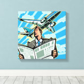 Geschäftsmann mit Zeitung und Flugzeug oben Leinwanddruck (Insitu (Holzboden))