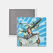 Geschäftsmann mit Zeitung und Flugzeug oben Magnet (Vorderseite/Rückseite)