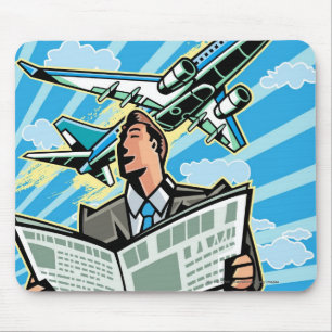 Geschäftsmann mit Zeitung und Flugzeug oben Mousepad