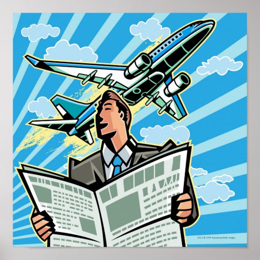 Geschäftsmann mit Zeitung und Flugzeug oben Poster (Vorne)