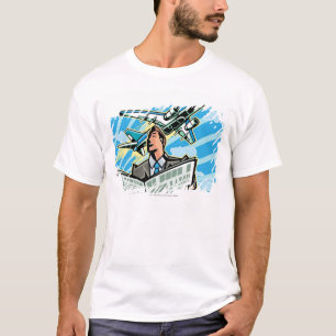 Geschäftsmann mit Zeitung und Flugzeug oben T-Shirt