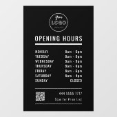 Geschäftsöffnungszeiten auf Schwarz mit Logo-QR-Co Fensteraufkleber (Blatt)