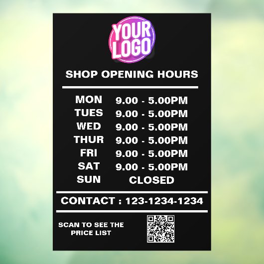 Geschäftsöffnungszeiten mit Logo und QR-Code Fensteraufkleber (Blatt 3)
