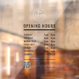 Geschäftsöffnungszeiten Schwarz mit Logo und QR-Co Fensteraufkleber