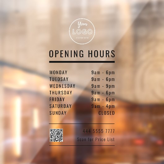 Geschäftsöffnungszeiten Schwarz mit Logo und QR-Co Fensteraufkleber (Blatt 2)