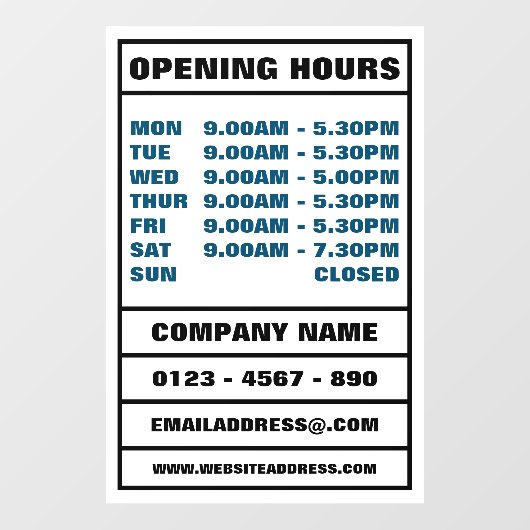 Geschäftsöffnungszeiten und Informationen Fensteraufkleber (Blatt)