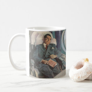 Geschäftsreise im Vintage-Stil, Lesen im Flugzeug Kaffeetasse