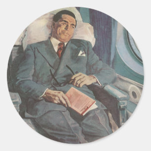 Geschäftsreise im Vintage-Stil, Lesen im Flugzeug Runder Aufkleber
