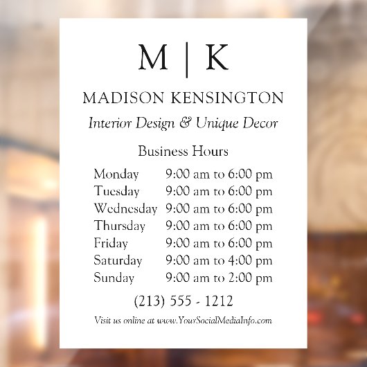 Geschäftszeiten für Monogramme oder Logos hinzufüg Fensteraufkleber (Blatt 2)