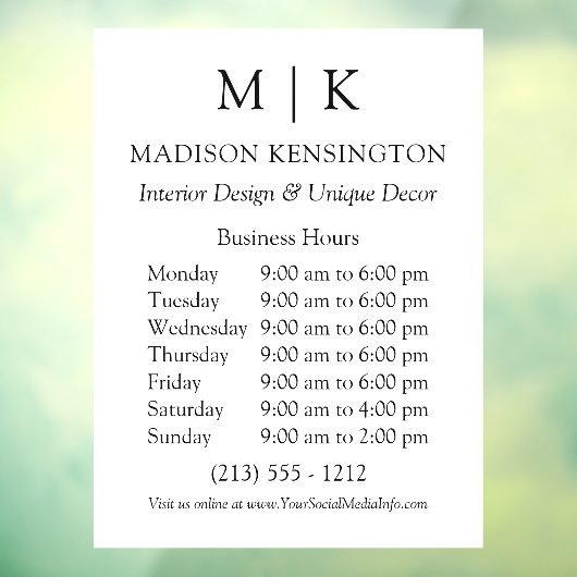 Geschäftszeiten für Monogramme oder Logos hinzufüg Fensteraufkleber (Blatt 3)