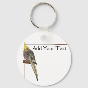 Gescheckter Cockatiel auf einer Niederlassung mit Schlüsselanhänger