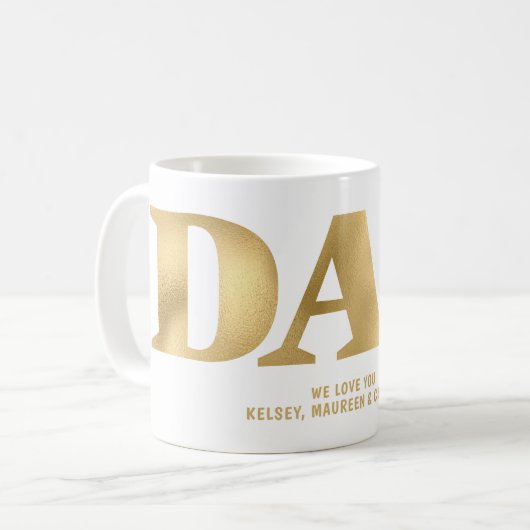 Geschenk für Vater mit Kindernamen Gold Kaffeetasse (Vorderseite Links)