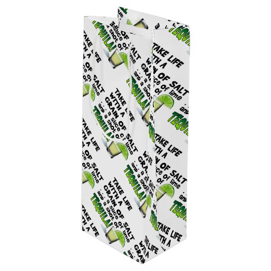 GESCHENK-TASCHEN - LEBEN, LIMON, SALZ, TEQUILA! GESCHENKTÜTE FÜR WEINFLASCHEN (Vorderseite Schrägansicht)