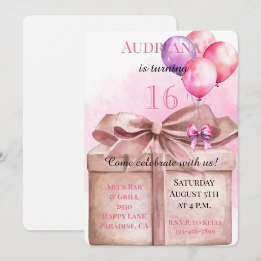 Geschenkballoons Bow 16. Geburtstag Einladung (Vorne/Hinten)