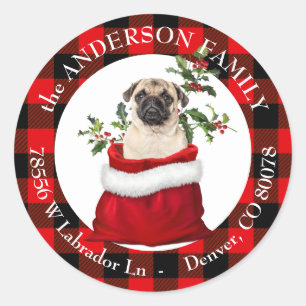 Geschenkbeutel Niedlicher Mops Dog Karierte Rahmen Runder Aufkleber