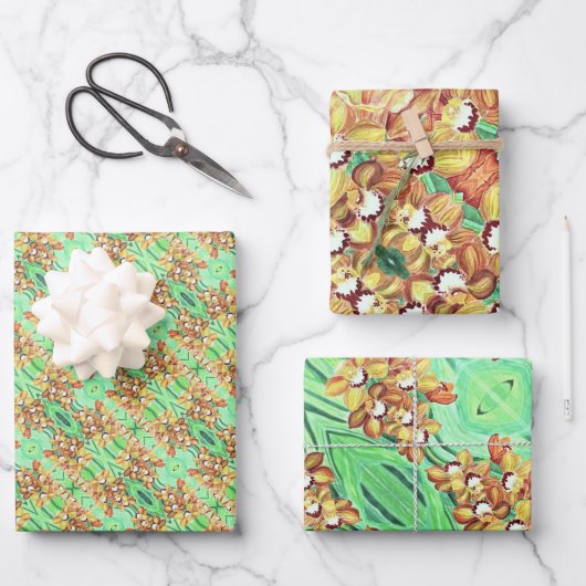 Geschenkblätter Set - Orange & Gelbe Orchideen Geschenkpapier Set (Vorderseite)